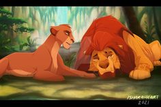 the lion king and his cub laying down