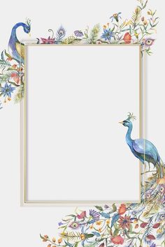 a watercolor painting of two peacocks in front of a white frame with flowers and leaves