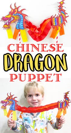 a young boy is holding up some paper dragon puppets with the words chinese dragon puppet above him