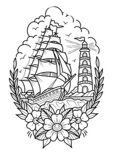 a black and white drawing of a ship in the ocean with flowers on it's side