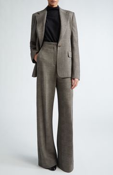 A perfect match of silhouette to material, these wide-leg pants achieve soft drape and yet are structured enough to feature pressed center creases in a cut from wool-blend jersey knit in a modified houndstooth check. Zip fly with hook-and-bar closure Front slant pockets 51% wool, 30% cotton, 19% viscose Dry clean Made in Romania Designer Clothing Blazer With Trousers Women, Wide Leg Pants For Work With Concealed Placket, Workwear Wide Leg Pants With Welt Pockets, Timeless Wide Leg Workwear Pants, Tailored Wide Leg Pants For Business Casual, Wide Leg Wool Dress Pants For Fall, Fall Business Wide-leg Pants, Tailored Wool Wide Leg Pants, Timeless Wide-leg Workwear Pants