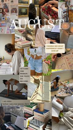 a collage of photos with books, magazines and other things to read on the table