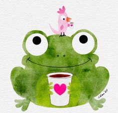 a watercolor painting of a frog holding a coffee cup with a pink bird on top