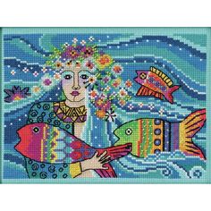 a cross stitched picture of a woman with flowers on her head holding a fish