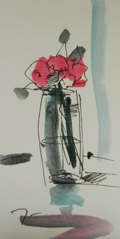 a painting of flowers in a vase with watercolor and ink on paper, by an artist