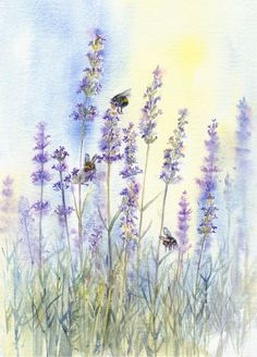 watercolor painting of lavender flowers and bees