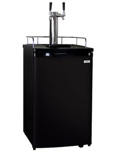 a black refrigerator freezer sitting on top of a white background