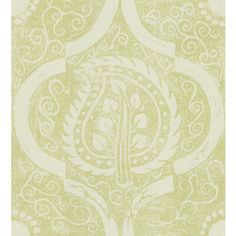 a green and white wallpaper with an ornate design on it's side,