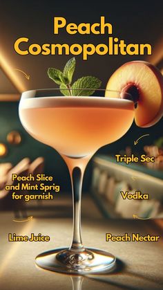 Peach Cosmopolitan is infused with the sweet essence of peaches and balanced with a zesty lime kick. This drink is a perfect blend of refreshment. #PeachCosmopolitan Peach Lemon Drop Martini, Persecco Cocktails Drink Recipes, Hobbit Recipes, Cosmopolitan Cocktails, Cosmopolitan Drink, Mixology Drinks, Cosmopolitan Cocktail, Peach Cocktail