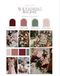 the wedding color palette is shown in shades of red, pink and green with white flowers