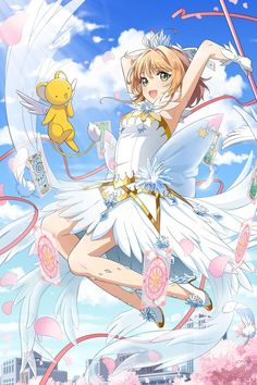 an anime character flying through the air with a teddy bear in front of her and pink flowers