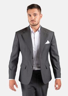 Ellis Charcoal Suit - SARTORO Classic Gray Suit With Single Button, Classic Gray Single Button Suit, Classic Gray Double Breasted Suit For Work, Gray Business Casual Suits With Pressed Crease, Classic Gray Suits For Work, Gray Suits With Welt Pockets And Suit Collar, Classic Gray Double Breasted Suit For Office, Gray Business Suits With Notch Lapel, Gray Suit For Business Casual