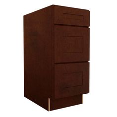 a brown cabinet with two drawers on the bottom and one drawer open to reveal something