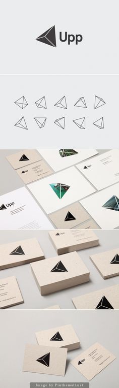 several business cards with different shapes and sizes are shown in this graphic design style, including the logo for upp