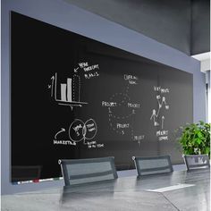 a conference room with a chalkboard wall and chairs in front of it, along with a potted plant on the table