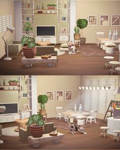 two pictures of a living room with furniture and plants on the shelves, one is empty