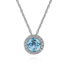 Add a touch of elegance to your look with this 14k white gold pendant featuring a blue topaz gemstone. The halo design adds a touch of sparkle and sophistication. Comes with an 18" chain for easy wear. Ideal for all genders. Weight: 1.00. Collection: Gabriel & Co. Stunning Fashion, Halo Necklace, Gold Rings Stackable, Halo Pendant, Swiss Blue Topaz, Sterling Silver Hoop Earrings, December Birthstone, Topaz Gemstone, Diamond Halo