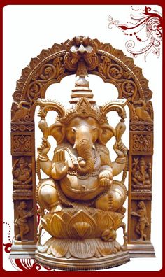 an intricately carved ganesha statue in front of a white background with red border