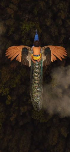 a bird flying through the air with its wings spread