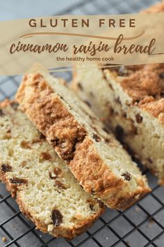 gluten free cinnamon raisin bread on a cooling rack with text overlay