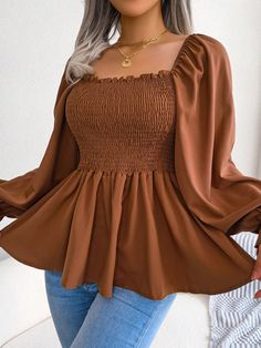 Spring/Summer European And American Style Casual Chiffon Blouse With Frill Edge & Square Collar, Long Sleeve Coffee Brown Casual,Boho  Long Sleeve Woven Fabric Plain Peplum Slight Stretch  Women Clothing, size features are:Bust: ,Length: ,Sleeve Length: Female Picture, Long Sleeve Chiffon Shirt, Ladies Chiffon Shirts, Chiffon Blouses, Lantern Sleeved Blouses, Picture Style, Chiffon Fashion, Sleeves Clothing, Chiffon Long Sleeve