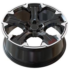 a black wheel with chrome spokes is shown on a white background and it appears to be part of a vehicle