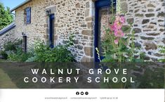 an advertisement for the walnut grove cooker school, with flowers growing in front of it