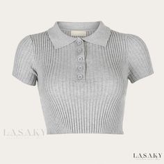 Lasaky - Stylish Knitted Ribbed Button-up Short Sleeve Crop Top with Lapel Neckline and Navel-revealing Design Summer Pullover, Jumper Short, Cotton Shirts Women, Harajuku Outfits, White Tee Shirts, Jackets Men Fashion, Short Sleeve Cropped Top, Solid Tops, Mandarin Collar