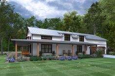 this is an artist's rendering of a modern farmhouse style home with porches