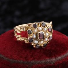 Georgian Garnet & Pearl Vinaigrette Ring — Erica Weiner Garnet And Pearl, Perfume Necklace, Georgian Ring, Antique Jewelry Rings, Georgian Jewelry, Shiny Objects, Punk Vintage, Pearl Cluster, Cotton Wool