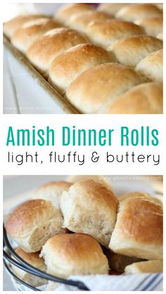 an image of bread rolls on a plate with the words amish dinner rolls light, fluffy and buttery