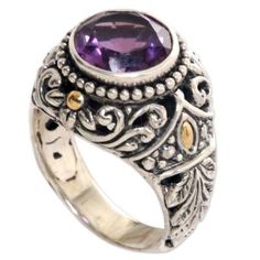 A round stone of amethyst weighing over three carats sparkles purple atop the crown of this cocktail ring handcrafted from sterling silver with 18k gold plated accents. It is designed by Indonesian artisan Kadek Hendra with Balinese spiral and leaf motifs for a beautifully intricate look. Luxury Round Amethyst Ring With Gemstone Accents, Luxury Purple Amethyst Ring, Elegant Amethyst Birthstone Ring With Round Stone, Elegant Sterling Silver Amethyst Ring With Round Stone, Luxury Amethyst Ring With Gemstone Accents, Luxury Amethyst Ring With Center Stone, Luxury Round Amethyst Ring With Center Stone, Elegant Round Amethyst Ring, Formal Purple Amethyst Spiritual Ring