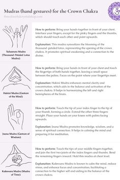 Elevate your spiritual journey with these 4 powerful mudras designed to heal and balance your crown chakra. Discover how hand gestures can enhance your connection to the divine, promote clarity, and foster inner peace.  Save this pin for Later! #CrownChakra #Mudras #SpiritualHealing #ChakraBalancing Manifesting Mudra, Hand Mudras For Chakras, Crown Chakra Mudra, Chakras Hands, Powerful Mudras, Chakra Mudras, Mudras Meanings, Spiritual Journaling, Beginner Witchcraft