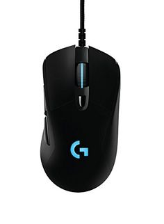 a computer mouse with a blue light on the front and side buttons, in black