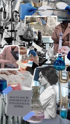 a collage of photos with people working in the lab and science related items around them