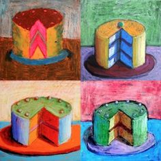 four different colored cakes are shown in this drawing