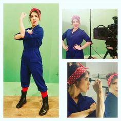 three pictures of women in blue clothing and one has a red polka dot headband