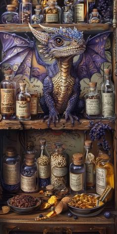 a shelf filled with bottles and jars next to a dragon on top of a table