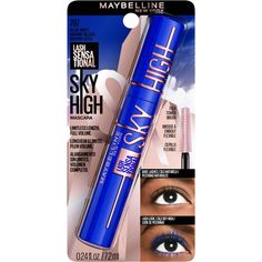 Sky High lash impact from every angle! Maybelline's Lash Sensational Sky High lengthening blue mascara for eyelashes delivers full volume and limitless length. Exclusive Flex Tower mascara brush bends to volumize and extend every single lash from root to tip. Washable cosmic black mascara formula infused with bamboo extract and fibers for long, full and lightweight lashes, that don't flake or smudge. Allergy tested. Ophthalmologist tested. Suitable for sensitive eyes and contact lens wearers. Re Maybeline Mascara, Colour Mascara, Eyeliner Techniques, Mascara Brands, Makeup Brushes Guide