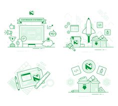 four different types of icons and symbols in green on a white background, each with an arrow