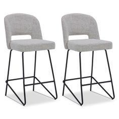 pair of grey upholstered bar stools with black metal legs and backrests