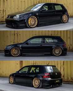 two pictures of a black car with gold rims