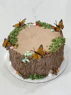 a cake with butterflies on it sitting on a plate