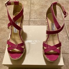 Gorgeous Platform Wedge Sandals In A Hot Pink/ Purple Patent Leather. Approx Heel Height Is 4 1/2 Inches With A 1 1/4 Inch Platform. Buckle Closure, Adjustable Strap. Very Light Wear. Box Included. True To Size These Are An 8.5 And Comfortable! Platform Wedge Sandals, Jimmy Choo Shoes, Platform Wedge, Womens Shoes Wedges, Platform Wedges, Gladiator Sandals, Wedge Shoes, Wedge Sandals, Leather Sandals