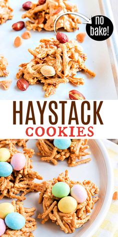 no bake haystack cookies on a white plate with candy eggs in the middle