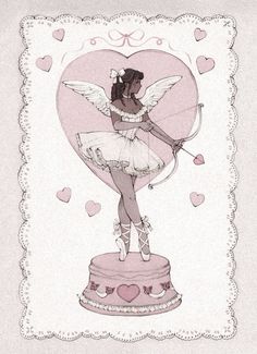 a drawing of a girl holding an arrow on top of a cake with hearts in the background