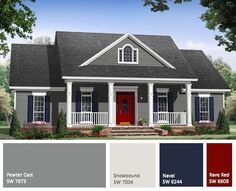 this is a color scheme for the front of a house with blue shutters and red door