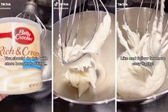 three pictures showing how to make whipped cream