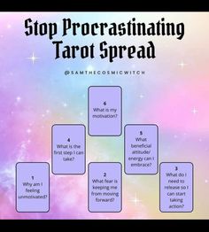 a diagram with the words stop procreasiing tarot spread on it in front of a colorful background