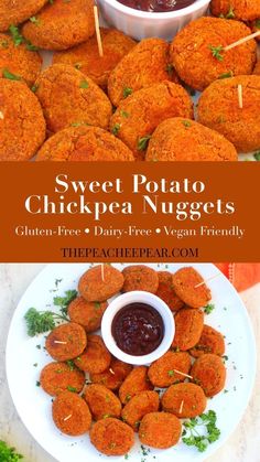 sweet potato chickpea nuggets on a plate with dipping sauce